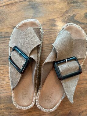 Macarena Taupe Suede Slide Sandals with Black Buckles